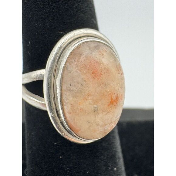 Vintage Sterling Silver Natural Stone Pale Pink Peach Cabochon Ring Size 6 - Picture 4 of 10